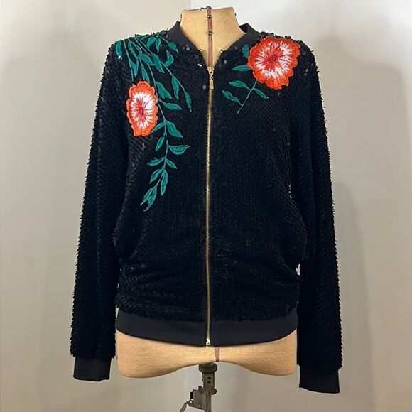 NWT Gianni Bini Sequin Zip Jacket with Floral Embroidery - Size Small - Picture 1 of 15